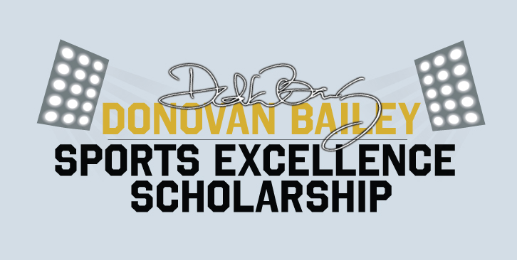 Logo for the Donovan Bailey Sports Excellence Scholarship. The Name is spelled out with Donovan's signature on top and stadium lights on either side.